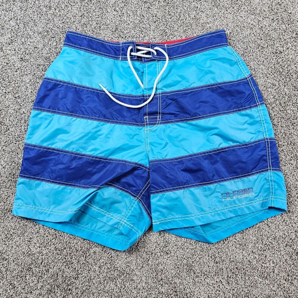 Vintage Tommy Hilfiger Shorts Mens Medium Blue Striped Swim Trunks Lined Beach